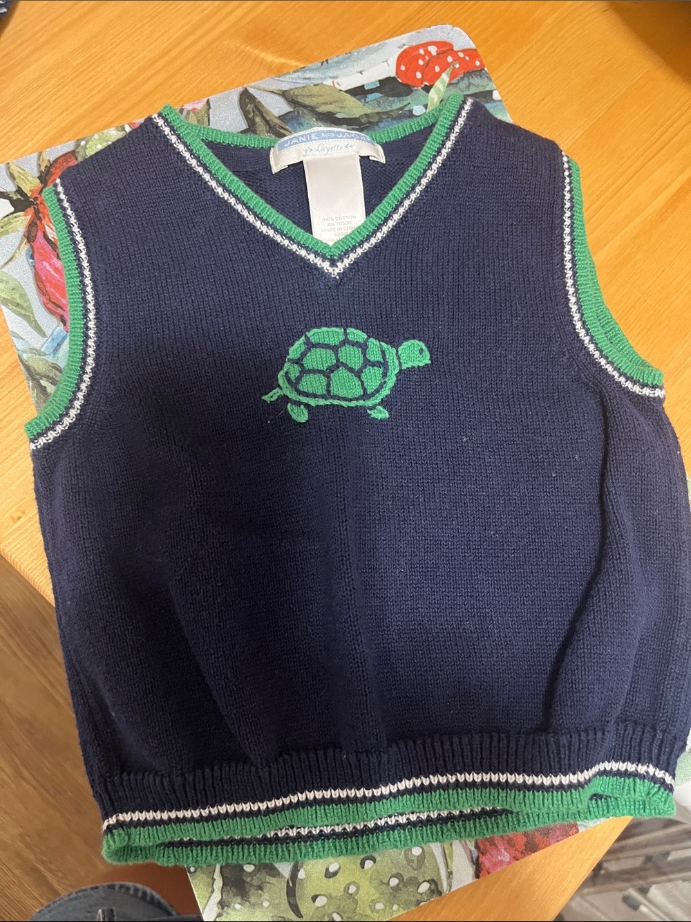 Janie and Jack Navy Sweater Vest with Green Turtle Embroidery